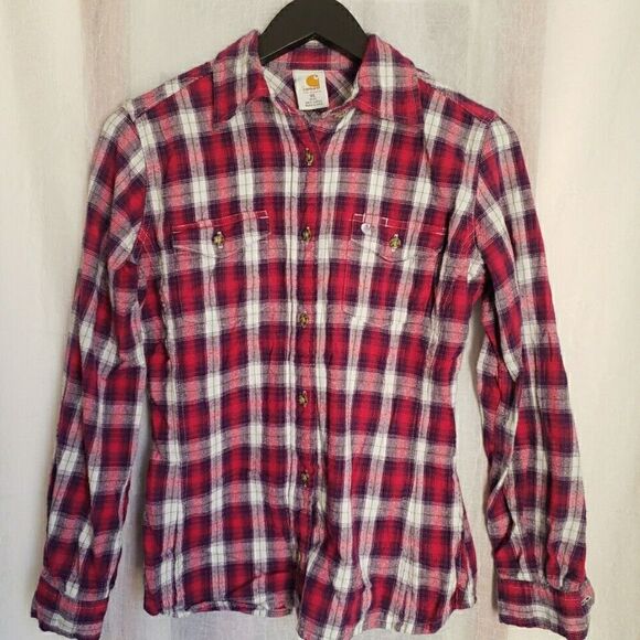 CARHARTT Women's Size XS Button Down Collared Pink Plaid Casual Shirt Flannel - Picture 1 of 10